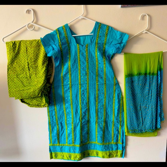 Vibrant Blue and Green Traditional Outfit - Picture 1 of 6